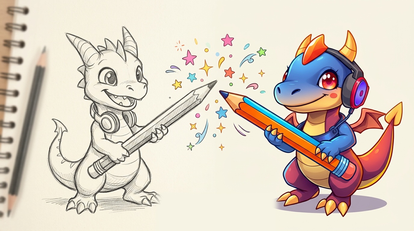A pencil-sketch dragon and a full-color cartoon dragon playfully dueling with giant pencils